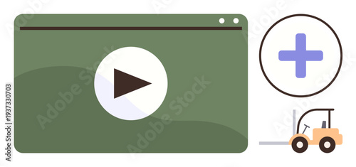 Online learning, training, logistics, digital education, warehouse management, supply chain. Play button on screen, add symbol and forklift presented. Online learning and training highlighted