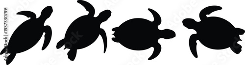 Four Black Silhouettes of Sea Turtles Swimming on White Background marine life animal