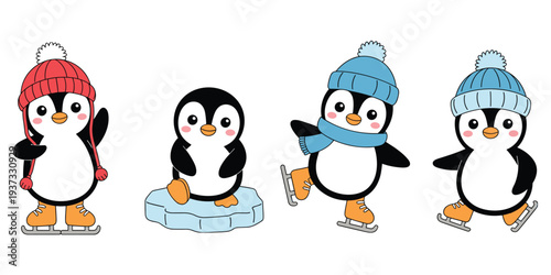 Four cute cartoon penguins dressed for winter activities on a white background ice skating