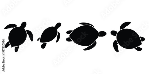 Four Black Silhouettes of Sea Turtles from Above on White Background marine life animal