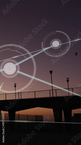 Vertical video: Light streak rising, rings and nodes growing and linking over pier, showing network