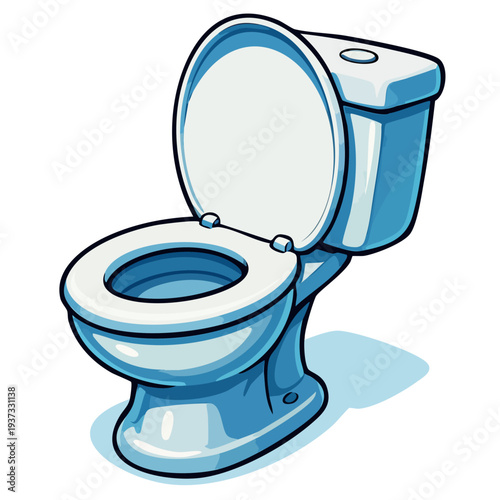 A stylized illustration of a blue and white toilet with its lid and seat up, ready for use in a bathroom setting