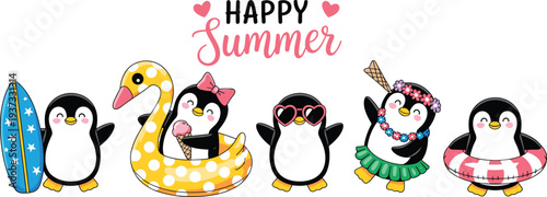 Happy Summer greeting with five playful penguins enjoying summer activities on a white background cartoon