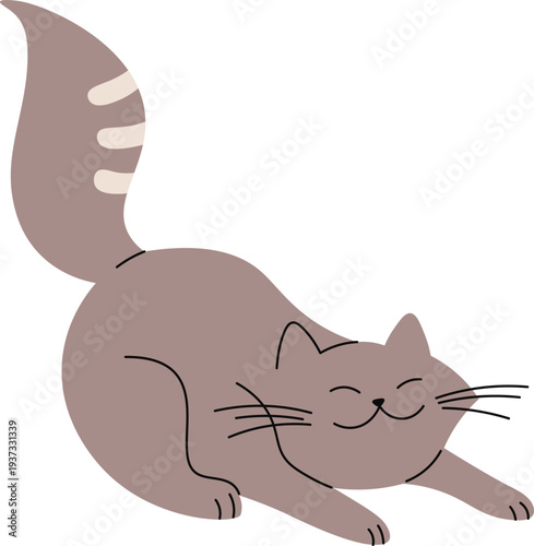 Stretching cat drawing. Fluffy gray pet doodle