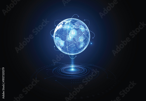 Glowing blue globe on a stand against dark background
