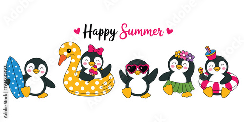 Happy summer scene with cute cartoon penguins and beach accessories on a white background illustration