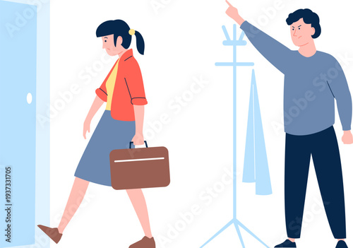 Divorcing couple. Man shout on leaving woman character