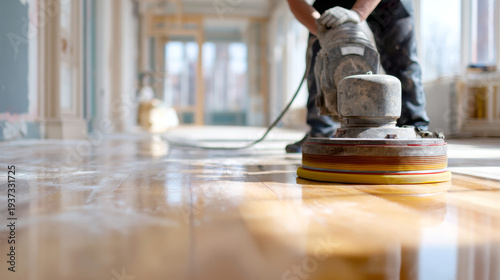 Professional worker sanding old parquet hardwood floor with heavy-duty floor sander, creating dust while refinishing and restoring timber surface in empty apartment room