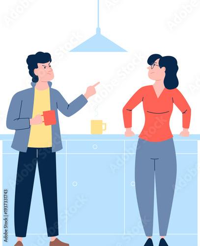 Man and woman fighting on kitchen. Family home quarrel