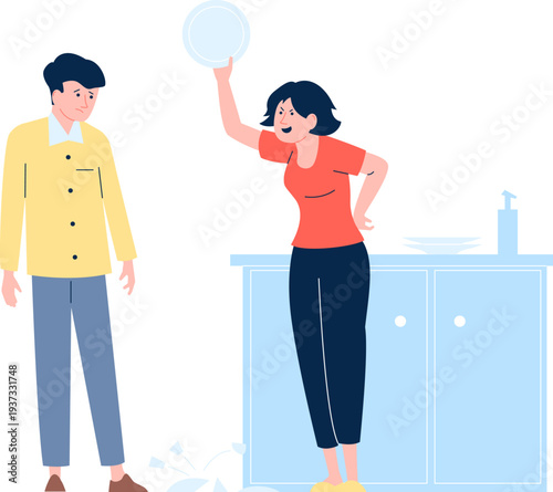 Angry woman yell on man. Couple quarrel together