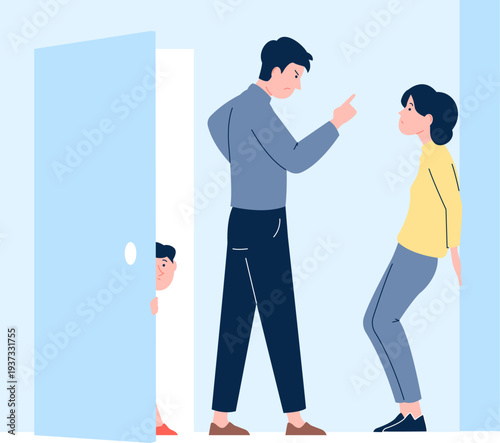 Husband abuse wife. Kid listen parents fight