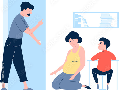 Family abuse scene. Man yell at wife and kid.