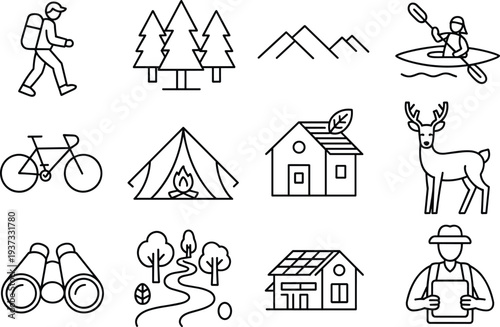 Outline icons representing outdoor activities and nature elements Keywords: hiking, backpacker, trees, mountains, kayaking