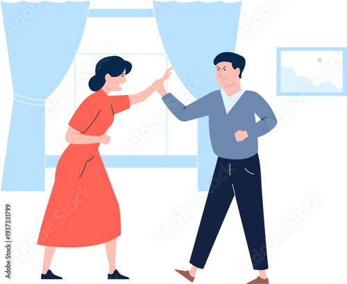 Fighting couple scene. Man and woman arguing and scream