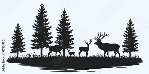 Silhouette of Deer Family and Pine Trees in a Forest Landscape fawn
