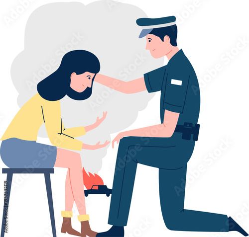 Police officer talk to victim. Crime scene witness questioning