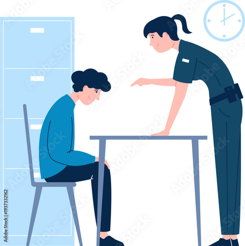 Suspect interrogation. Police office woman talk to sitting person