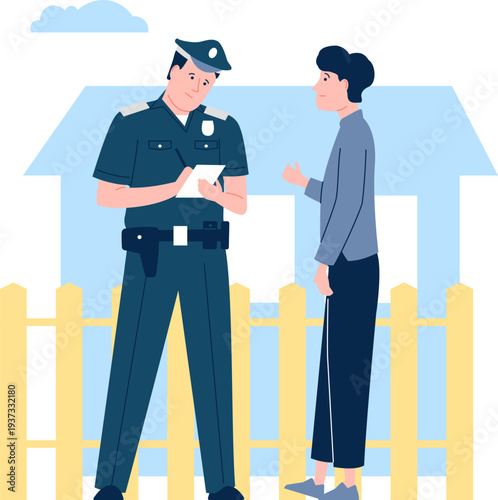 Police officer talk with woman. Crime witness character