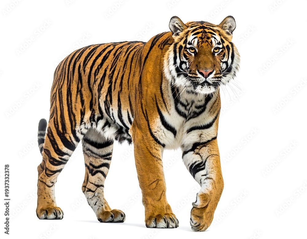 Fototapeta premium Majestic tiger strides, orange fur contrasted with dark stripes, eyes focused forward on a clean white background