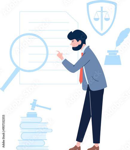 Legal case research. Lawyer read document icon