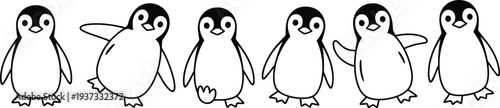 Six Outline Cartoon Penguins With Black Heads And Feet On White Background illustration
