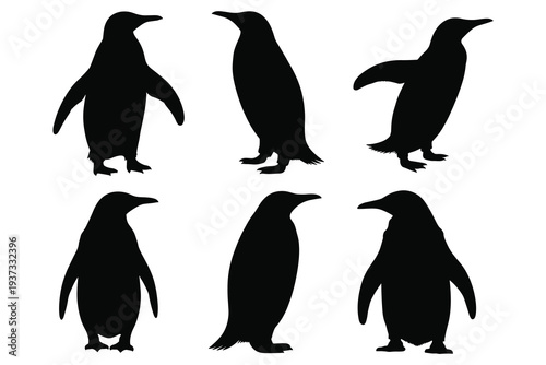 Six Silhouette Penguins Standing and Waving Flippers on White Background animal bird