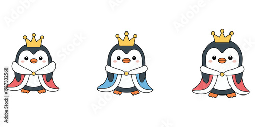 Three Cartoon Penguins Wearing Crowns and Royal Capes on White Background illustration