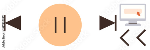 Media playback, tech design, audio control, online streaming, UI elements, video navigation. Minimalist design play, pause and a screen with pointer. Media playback and tech design concept