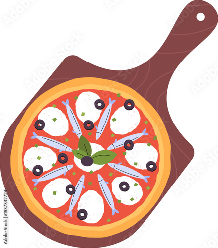 Marinara pizza with anchovy fish. Food color icon