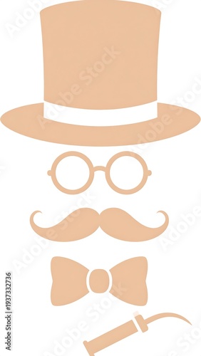 Tan vector portrait of a man with a top hat, glasses, mustache, bow tie, and pipe