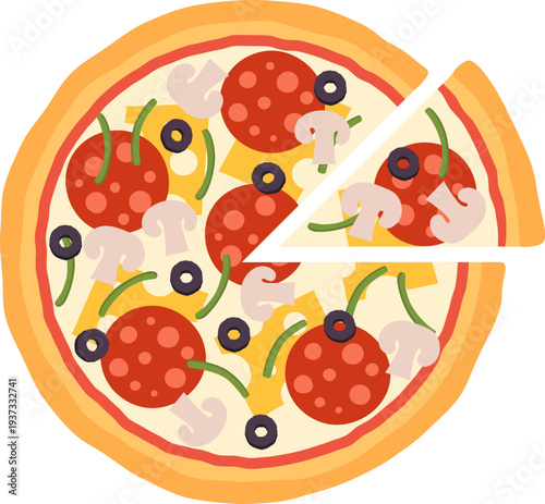 Capricciosa pizza with mushrooms. Tasty slice color icon