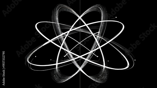 Abstract atomic structure illustration; white brush strokes, black background, symmetrical design