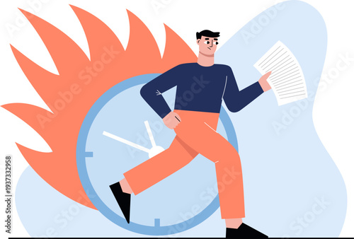 Man running for work deadline. Burning hour clock
