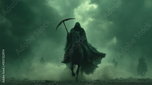 Mysterious riders journey through shadows in an epic fantasy war scene