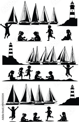 Black coastal silhouettes pattern featuring pine trees, sailboats, lighthouses, and children playing, running, and jumping in nature for seaside, outdoor, and recreational illustration.