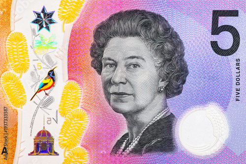 5 Dollars Australia with a portrait of Queen Elizabeth II and Banksia flowers. Polymer money. Money of Australia.