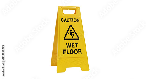 Yellow caution wet floor sign on transparent background isolated