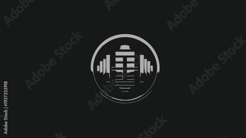 A grayscale logo depicting a gym barbell icon inside a circle, set against a dark background