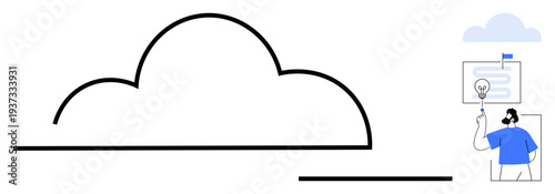 Cloud computing, brainstorming, data storage, innovation, technology, collaboration, remote work. Visual of a black outlined cloud and a person pointing to a lightbulb an idea. Cloud computing