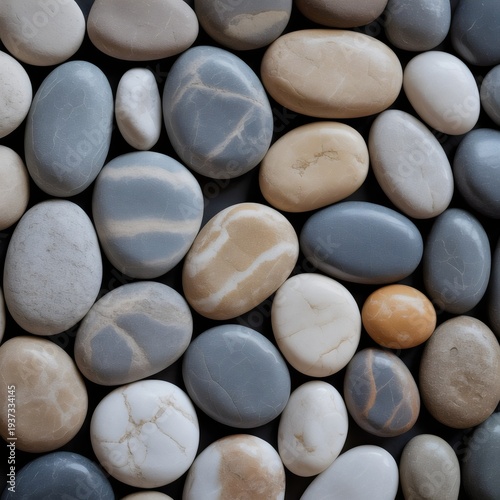 A tranquil still life showcasing a collection of naturally smooth, multi-colored river stones and pebbles. This organic texture creates a serene and peaceful natural background