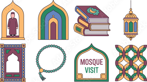 Islamic mosque visit icon set, prayer arch, Quran books, lantern, tasbih beads, Islamic pattern, Muslim worship vector illustration