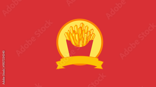 A red background with an illustration of a circle, french fries, a box, and ribbon in the center