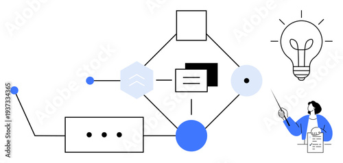 Geometric flowchart with nodes, lines, lightbulb for innovation, and person presenting a document. Ideal for process design, innovation, teamwork, education, strategy technology abstract concepts