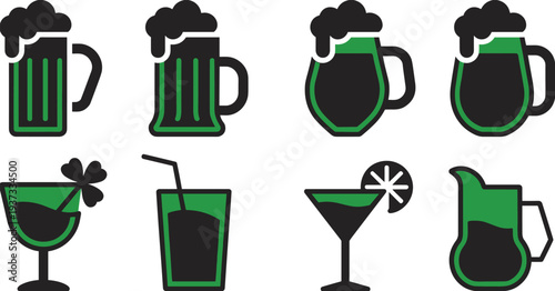Minimal drink icon set with beer mugs, cocktail glass, juice and beverages, modern bar alcohol vector illustration collection