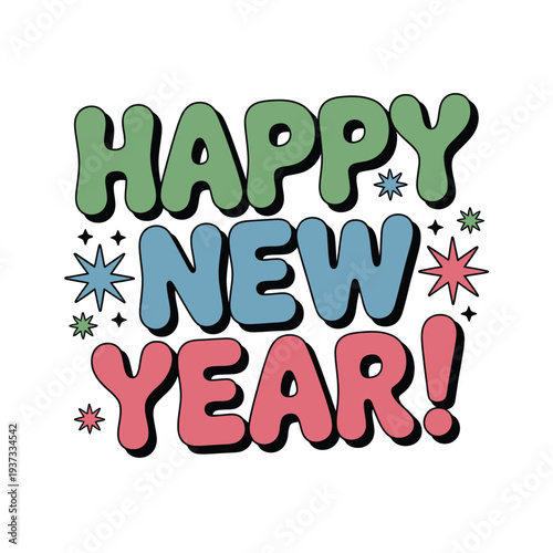 Jolly colorful text celebrates the arrival of the happy new year.