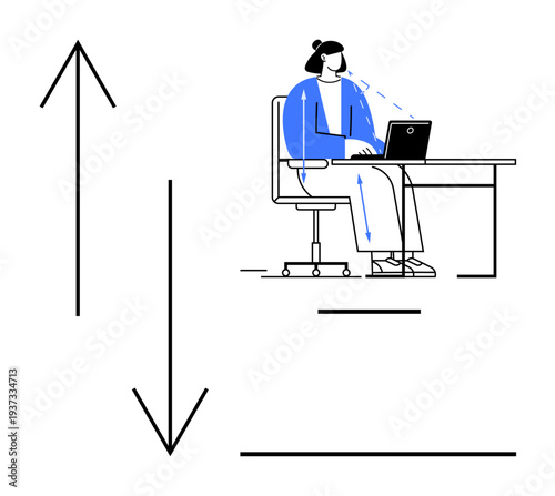 Remote work. A person seated at a desk using a laptop with arrows streamlined workflow and productivity. Remote work highlights efficiency, organization, technology use. Useful for workplace