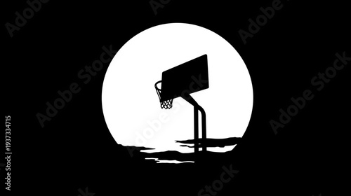 Silhouetted basketball hoop against a white moon in a night scene