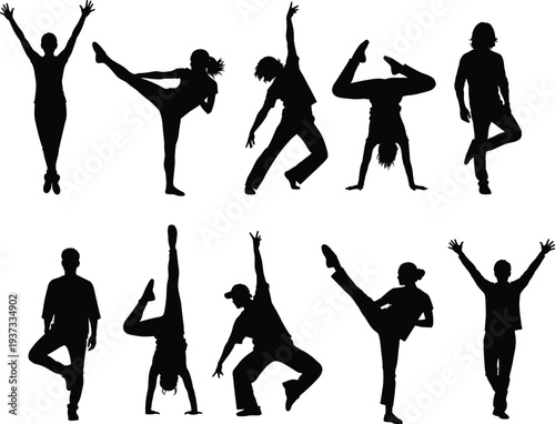 Black silhouette illustration of ten dynamic human figures in expressive dance and athletic poses, showcasing motion, energy, creativity, performance, fitness, and artistic movement design.