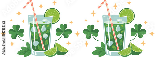 Seamless mojito cocktail pattern with lime, mint leaves and shamrocks, festive St Patricks Day drink background illustration