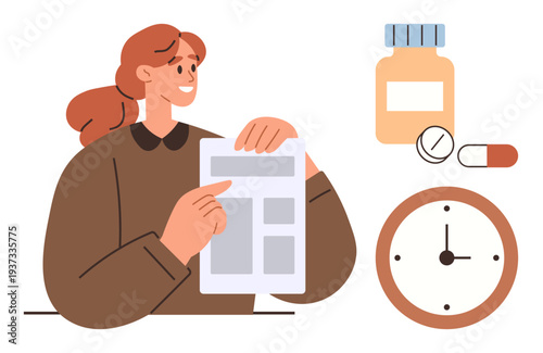 Medication adherence, healthcare planning, time management, dosage schedule, treatment compliance, patient education. Woman holding instructions, pills bottle and clock. Medication adherence